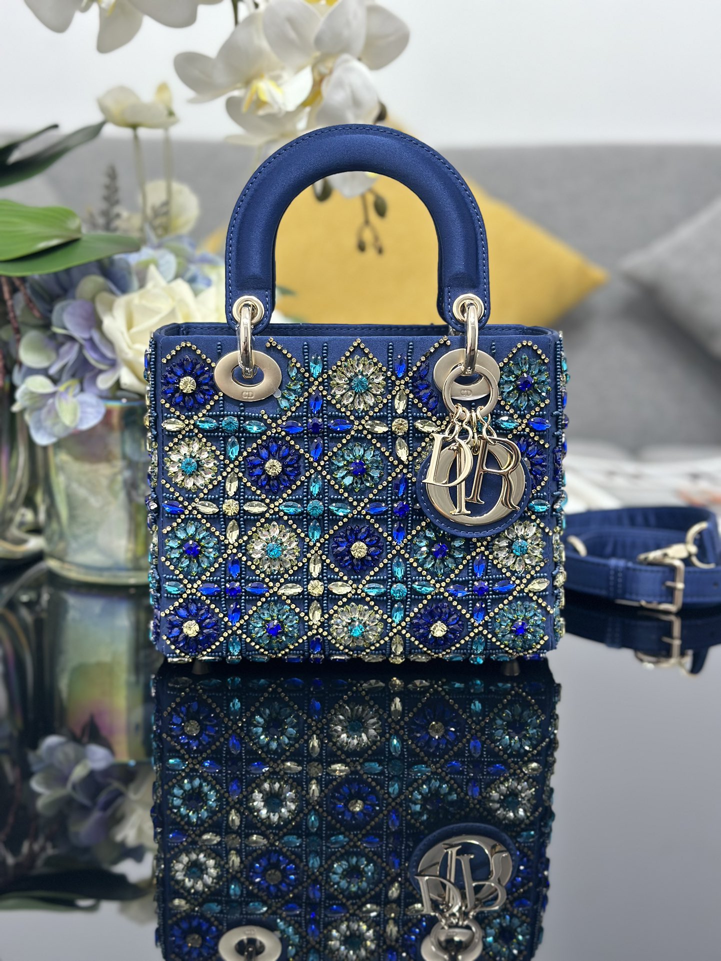 Small Lady Dior Bag Blue Satin Embroidered with Diamond